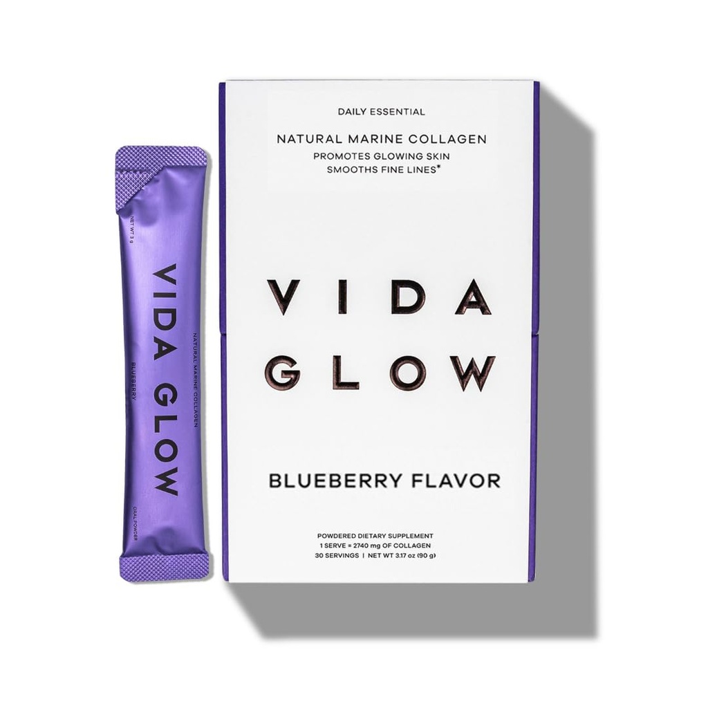 Vida Glow Marine Collagen Powder - Anti Aging Supplement with Collagen Peptides, Promotes Glowing Skin, Strong Nails, Healthy Hair | 30 Servings, Original Flavor (One Size, Blueberry)