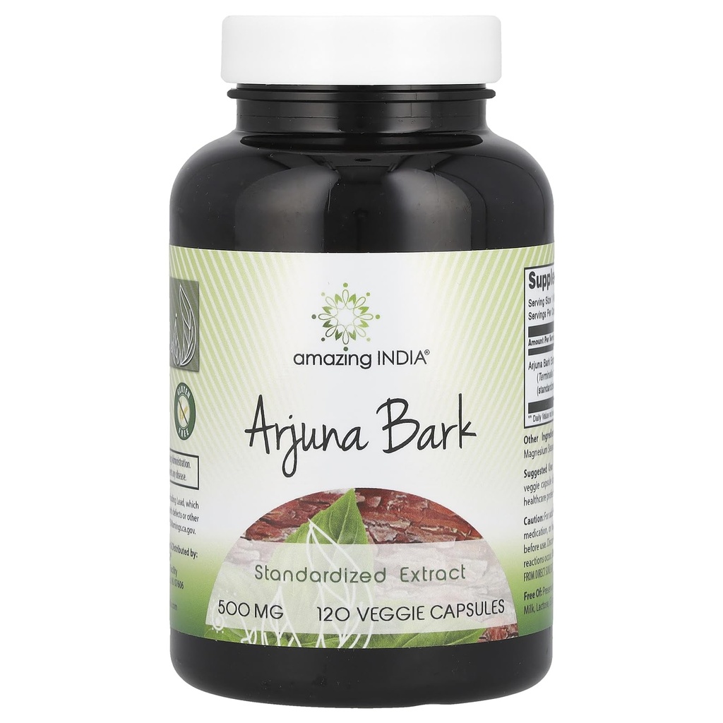 Amazing India Arjuna Bark Extract Supplement | 500 Mg | 120 Veggie Capsules | Non-GMO | Gluten Free | Made in USA