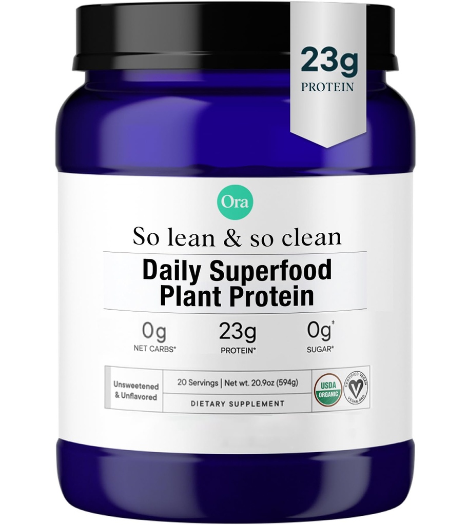 Ora Organic Vegan Protein Powder - 23g Plant Based Pea Protein + Superfood for Women and Men - Unsweeted & Unflavored - 20 Servers, No Erytritol, Keto-Friendly, Gluten-Free, Paleo, Soy-Free
