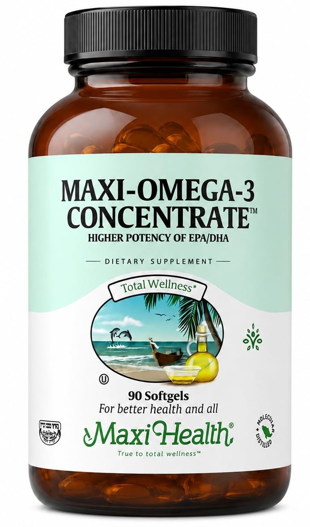 Maxi Health Omega 3 Supplement - Omega-3 Visolie Concentraat - Hogere Potentie Bron van EPA/DHA vetzuren - Hart, hersenen en gezamenlijke gezondheid - Kosjer Certified Wild Caught Fish - 90 Vegetarische Softgels
