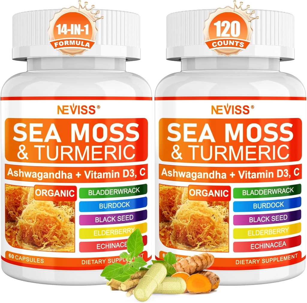 Sea Moss Capsules - Irish Sea Moss with Turmeric Plus Ashwagandha, Black See Oil, Bladderwrack, Burdock Root,Vitamine C & D3, ACV Chlorofyl 120Cts