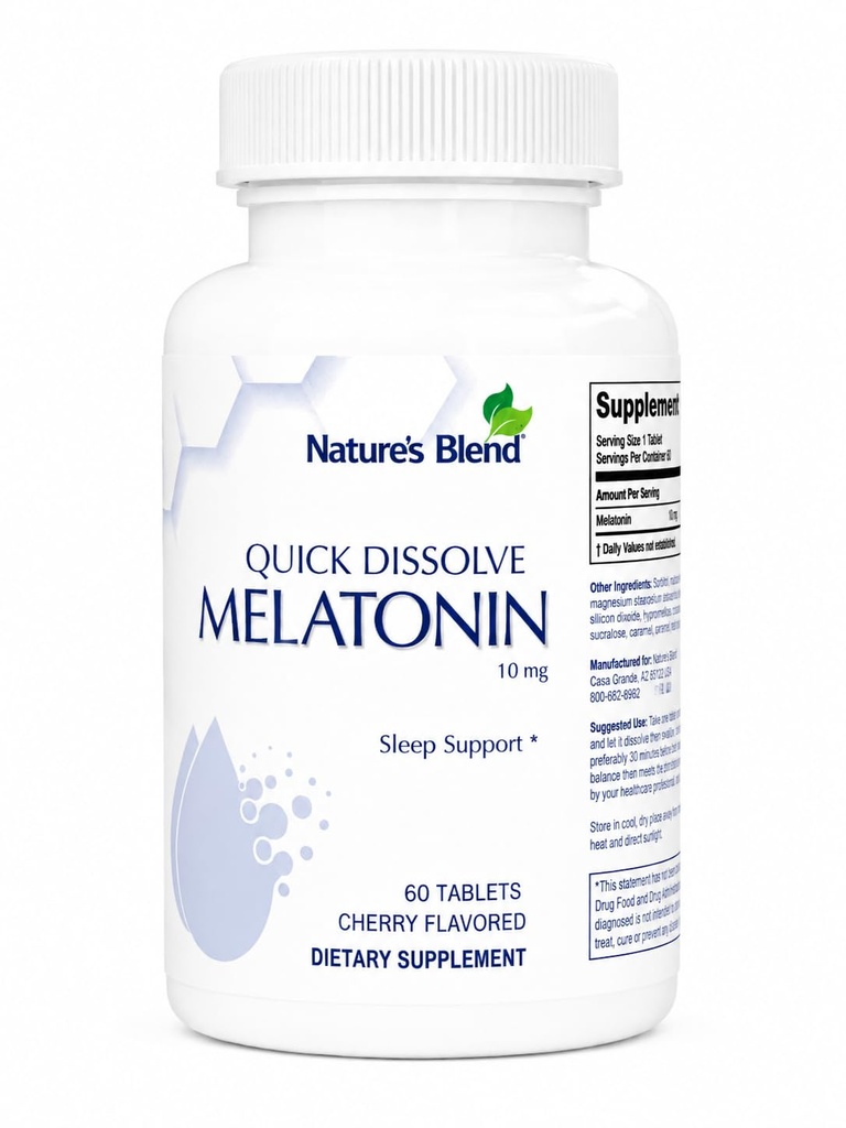 Nature's Blend Melatonin 10mg Quick Dissolve Melatonin Tablets, Sleep Support Supplement for Adults, Non-GMO, Gluten Free, Lab Tested, 60 Count