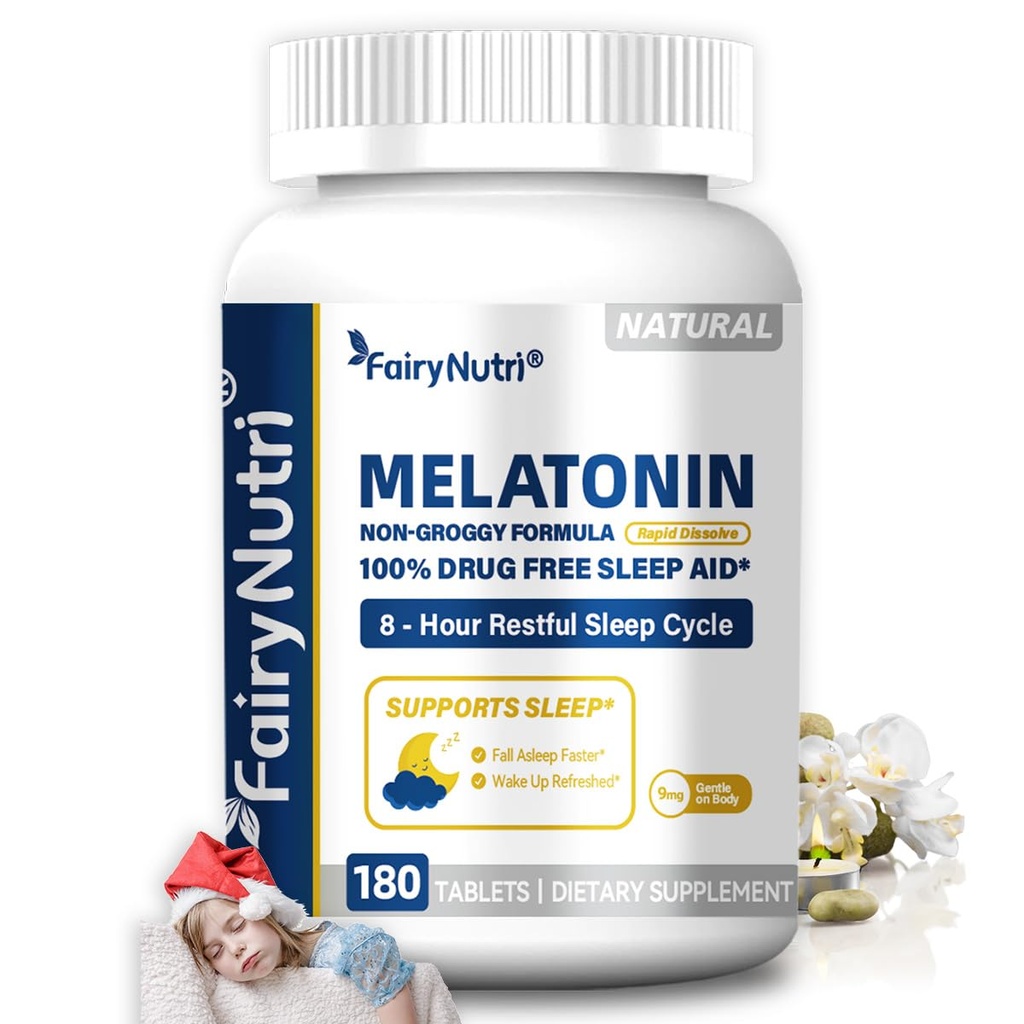 Melatonin 9mg, Non-Groggy Formula, 100% Drug Free Sleep Aid, 180 Tablets, 8-Hour Restful Sleep Cycle
