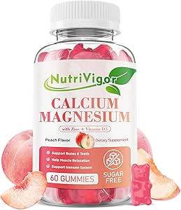 Calcium Gummies 600mg with Vitamin D3, Calcium Magnesium Zinc Gummies for Bone & Immune Support, Calcium Supplement for Women & Men, Sugar Free, Vegan, Peach Flavor, 60 Count