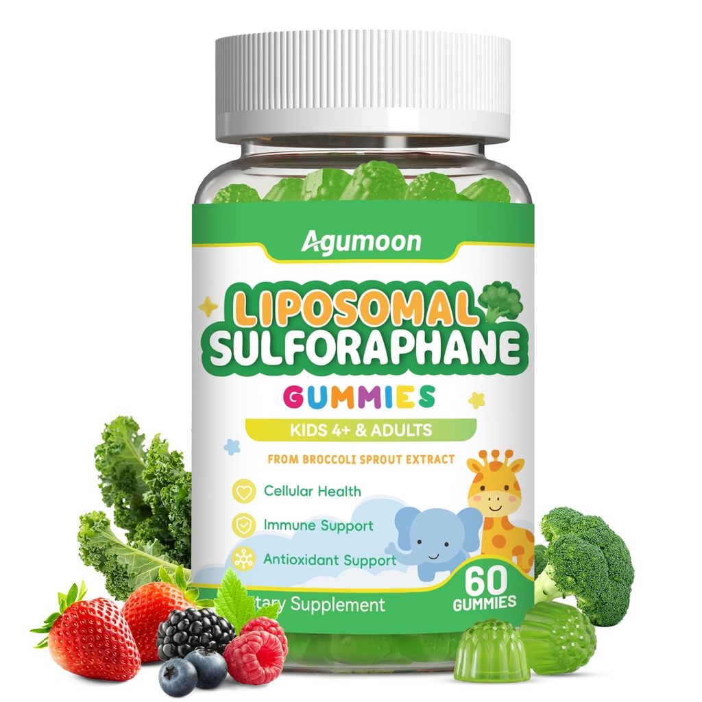 Liposomal Sulforaphane Gummies,Broccoli Sprout Extract with Vitamin C, E Glutathione Supplement for Kids Adults,Antioxidant Supports Brain,Cellular Health 60 Cts