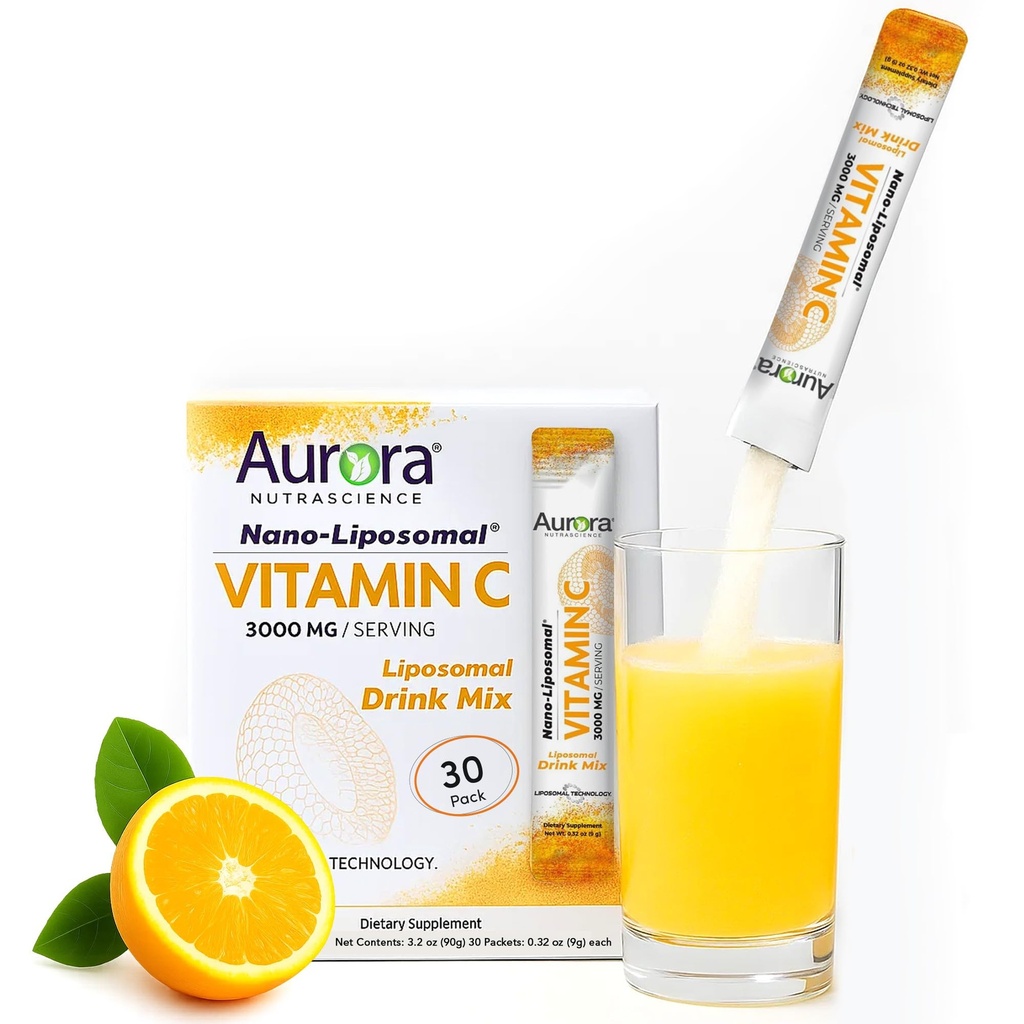 Aurora Nutrascience Nano-Pack Liposomale Vitamine C Poeder Drink Mix, Immuun Ondersteuning, Hoge sterkte 3000 mg per portie, 30 Single Serve Packets, Oranje