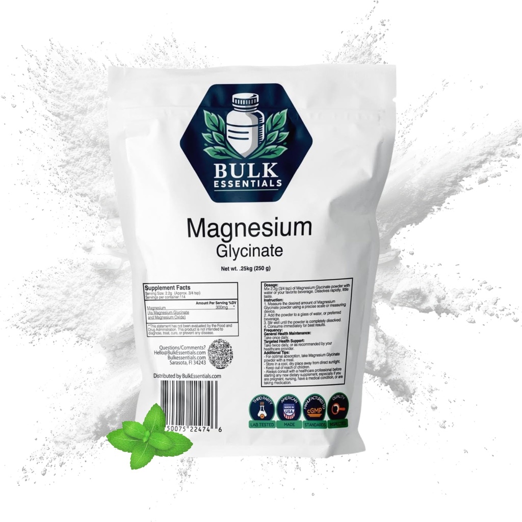 Magnesium Glycinate Powder Supplement – Unflavored 250g Magnesium Powder for Relaxation, Sleep & Muscle Support – USA Made - Non-GMO & Gluten-Free – 2.2g Per Serving