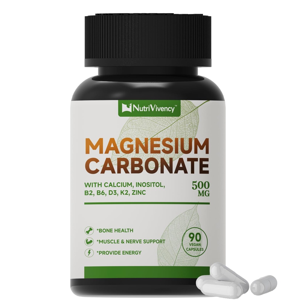 Magnesium Carbonate Capsules 500mg, Magnesium Carbonate Supplement with Calcium, Inositol, Vitamin B2, B6, D3, K2, Zinc for Bone Health, Muscle & Digestive Support, Vegan, Non-GMO, 90 Capsules