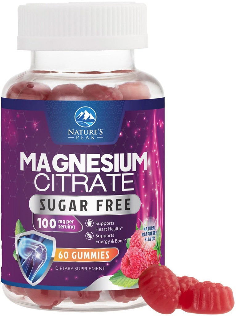 Magnesium Citrate Supplement Gummies Sugar-Free, High Absorption Magnesium Gummy Supplements for Women & Men, Supports Sleep, Heart Health, Bones and Muscles, for Relaxation & Digestion - 60 Gummies