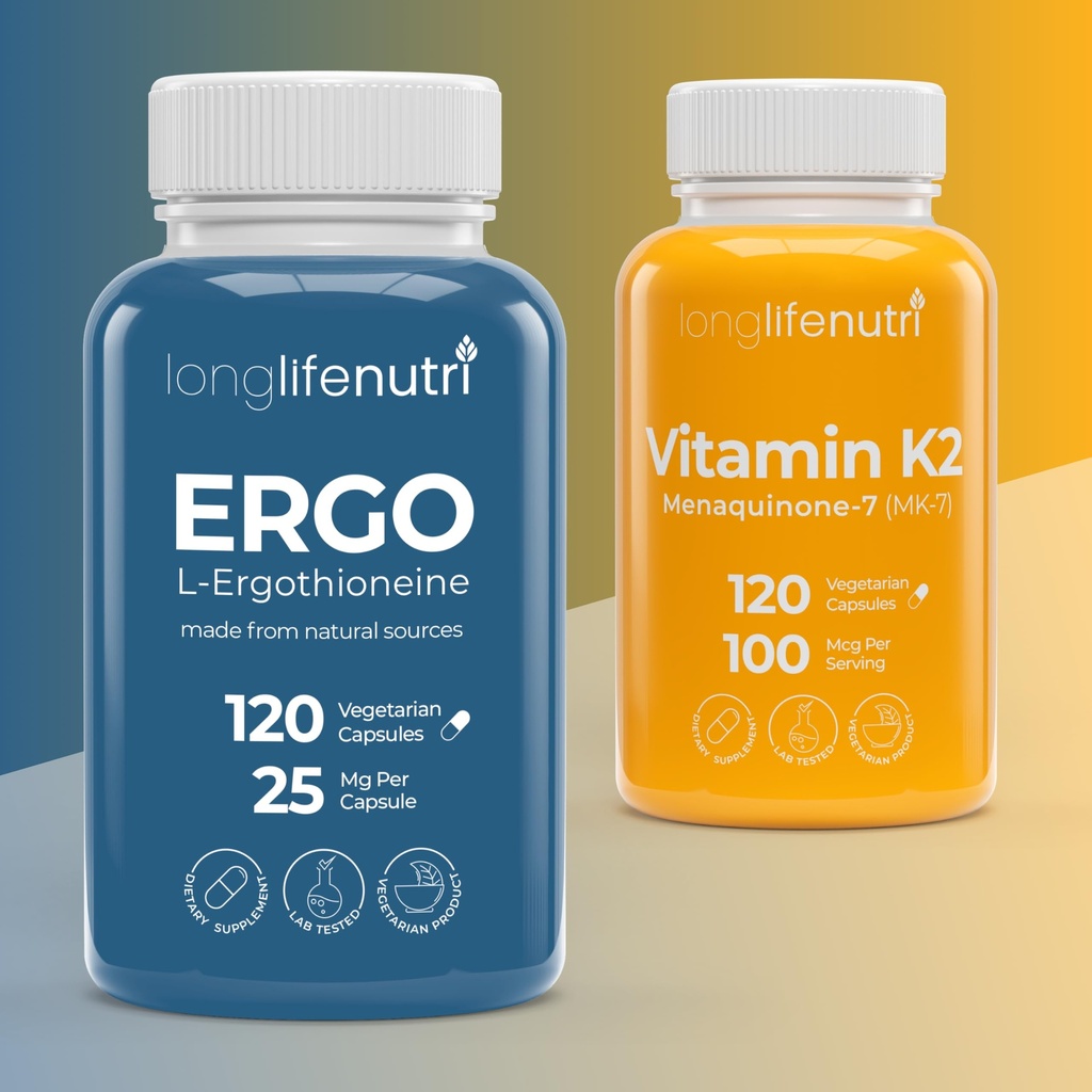 LongLifeNutri L-Ergothioneine 25 mg & Vitamin K2 MK-7 100 mcg Bundle – 120 Veg Capsules + 120 Veg Capsules, 4 Month Supply, Antioxidant & Bone/Circulation Support, Non-GMO, GMP Certified, Made in USA