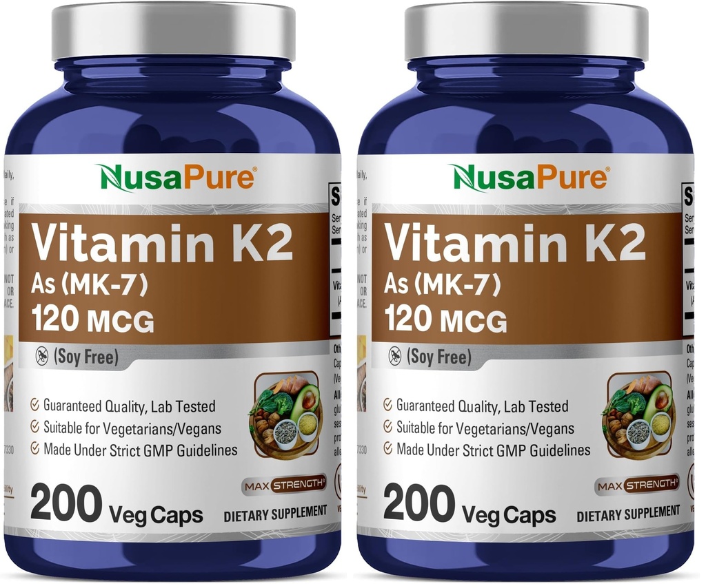 NusaPure Vitamin K2 MK7 120 mcg 200 Veggie Caps (Soy Free, Non-GMO, Vegan) (Pack of 2)