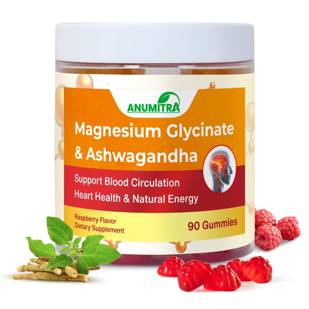 ANUMITRA Magnesium Glycinate 1000mg Gummies with Ashwagandha & Coenzyme Q10, High Absorption Vegan Gummies for Sleep, Stress & Calm Support - Raspberry Flavor, 90 Count for Adults