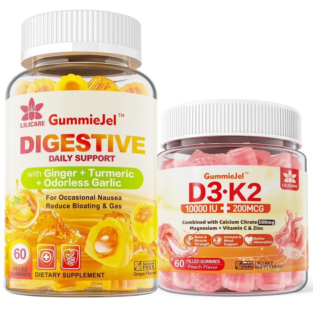 Vitamine D3 K2 Gevulde Gummies 5000IE / 10.000 IE met 500mg Calcium, Magnesium Citrate, Vitamine C & Gember Kauwen Supplement Gummy's voor Misselijkheid, Maagrelief