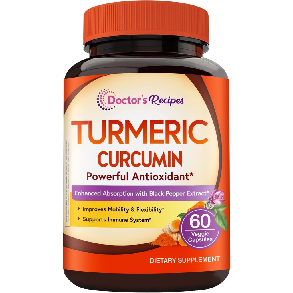 Doctor's Recipes Turmeric Curcumin with Black Pepper Extract, High Absorption Ultra Potency Turmeric Supplement with 95% Curcuminoids, Comfort and Immune Support, Vegan, Non-GMO, 60 Caps