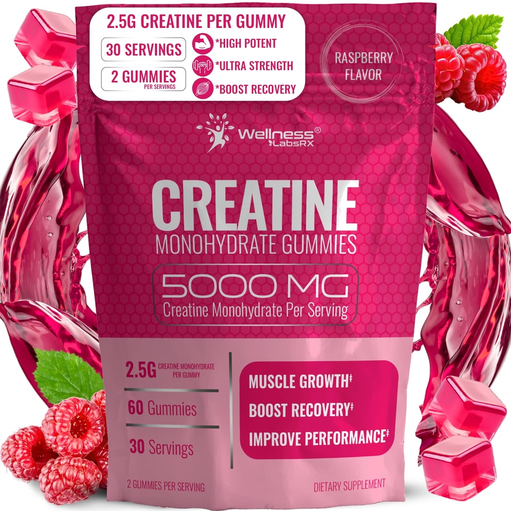 Creatine Gummies 5000mg, 30 Servings Creatine Monohydrate Gummies - Third-Party Tested Creatine for Women, Raspberry Flavor Creatine for Men, Muscle Growth, Strength, and Recovery - Pack of 1