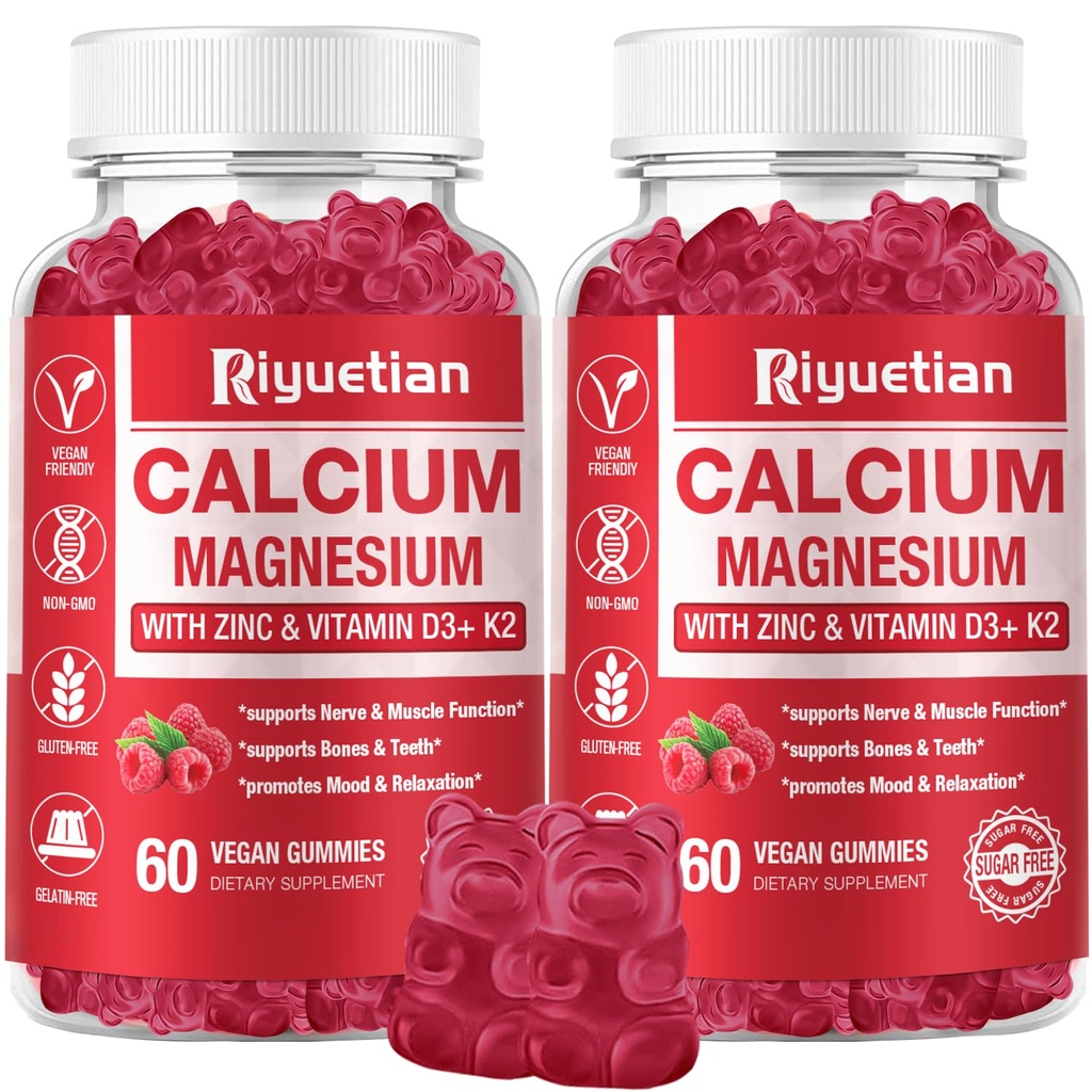 Calcium Gummies + Magnesium & Zink met Vitamine D3 & K2, Hoge Absorptie Calcium Supplement voor Bot, Tanden & Immuun Ondersteuning, Niet GGO, Veganist, 120 Tel.