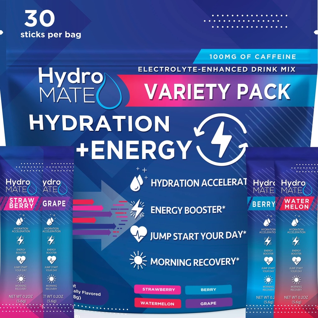 HydroMATE Elektrolyten Poeder Drink Mix Packets Hydration Accelerator Lage Sugar Party Voorkeuren voor snelle herstel Vitamine C Plus Cafeïne Variety Pack - 30 Tellen