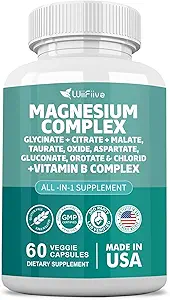 Magnesium Complex Supplement, Clycinate 141mg Oxide 228mg Malate 58.5mg Citrate 62.4mg with Orotate Glycina Taurate Chloride Aspartate Gluconate Vitamin B, Max Absorption, Gluten-Free, Non-GMO
