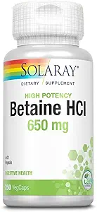 Solaray Betaine HCL with Pepsin, High Potency Hydrochloric Acid Formula, Healthy Digestion Supplement, Digestive Enzymes for Gut Health Support, 60-Day Guarantee, 250 Servings, 250 VegCaps