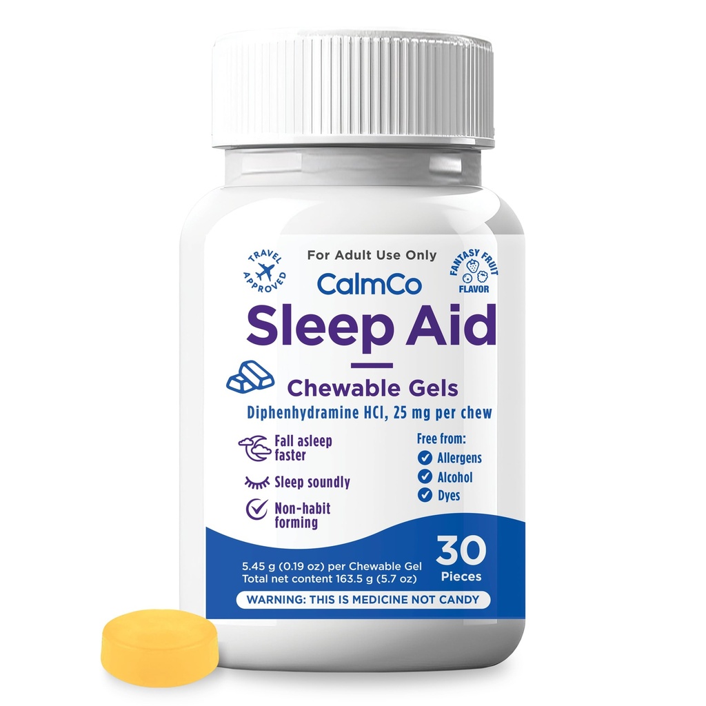 CalmCo Adult Sleep Aid Chewable Gels, Fantasy Fruit Flavor, 30 Count | Contains Diphenhydramine HCl 25 mg per Piece, Non-Habit Forming, Helps You Fall Asleep Faster and Promotes Better Sleep