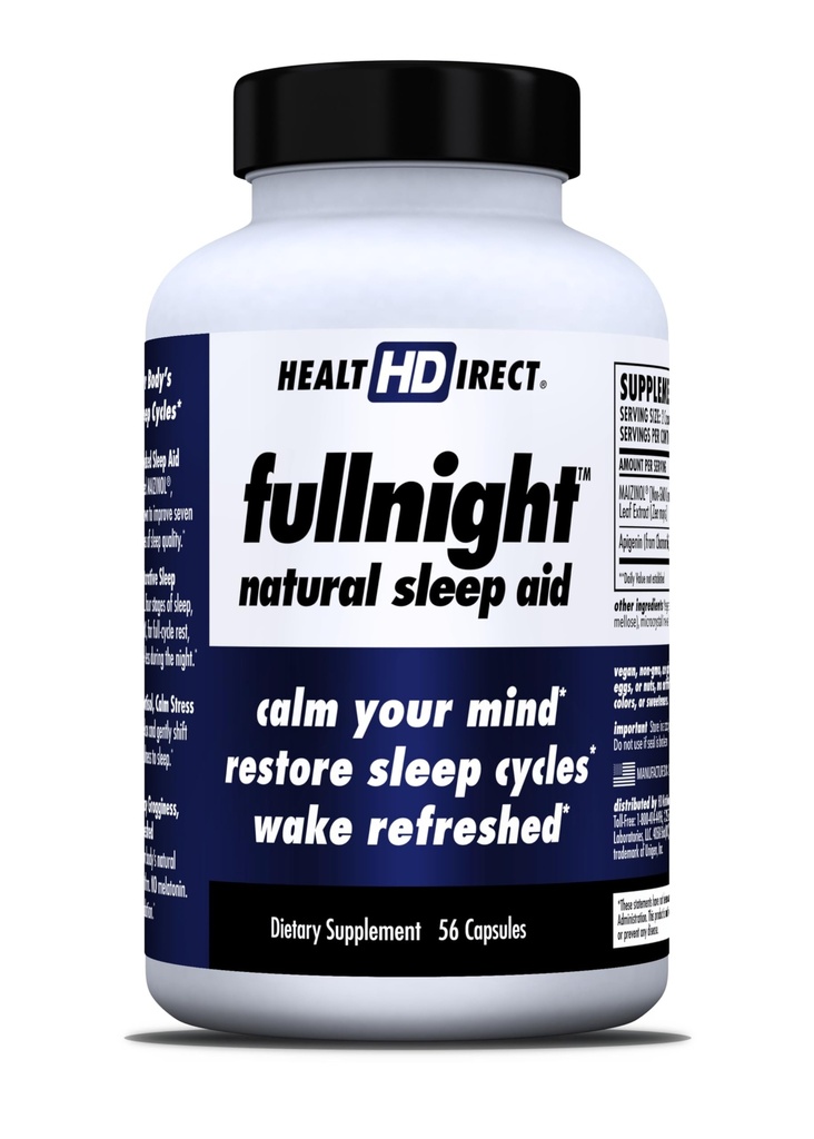 HEALTH DIRECT FullNight Melatonin-Free Natural Sleep Aid, 56 Capsules | Vegan formula with 50 mg Apigenin and Maizinol. Cortisol support for nighttime relaxation and deep sleep. 28-56 servings.