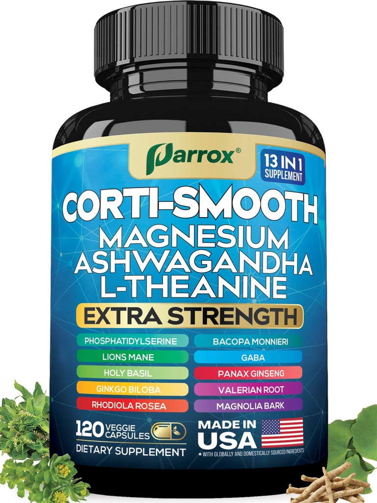 Cortisol Supplement, 11-in-1 Magnesium & Ashwagandha, Corti-Smooth, 120ct | Magnesium, L-Theanine, Ashwagandha, Magnolia Bark, Panax Ginseng, Bacopa, GABA, Lions Mane, Ginkgo Biloba