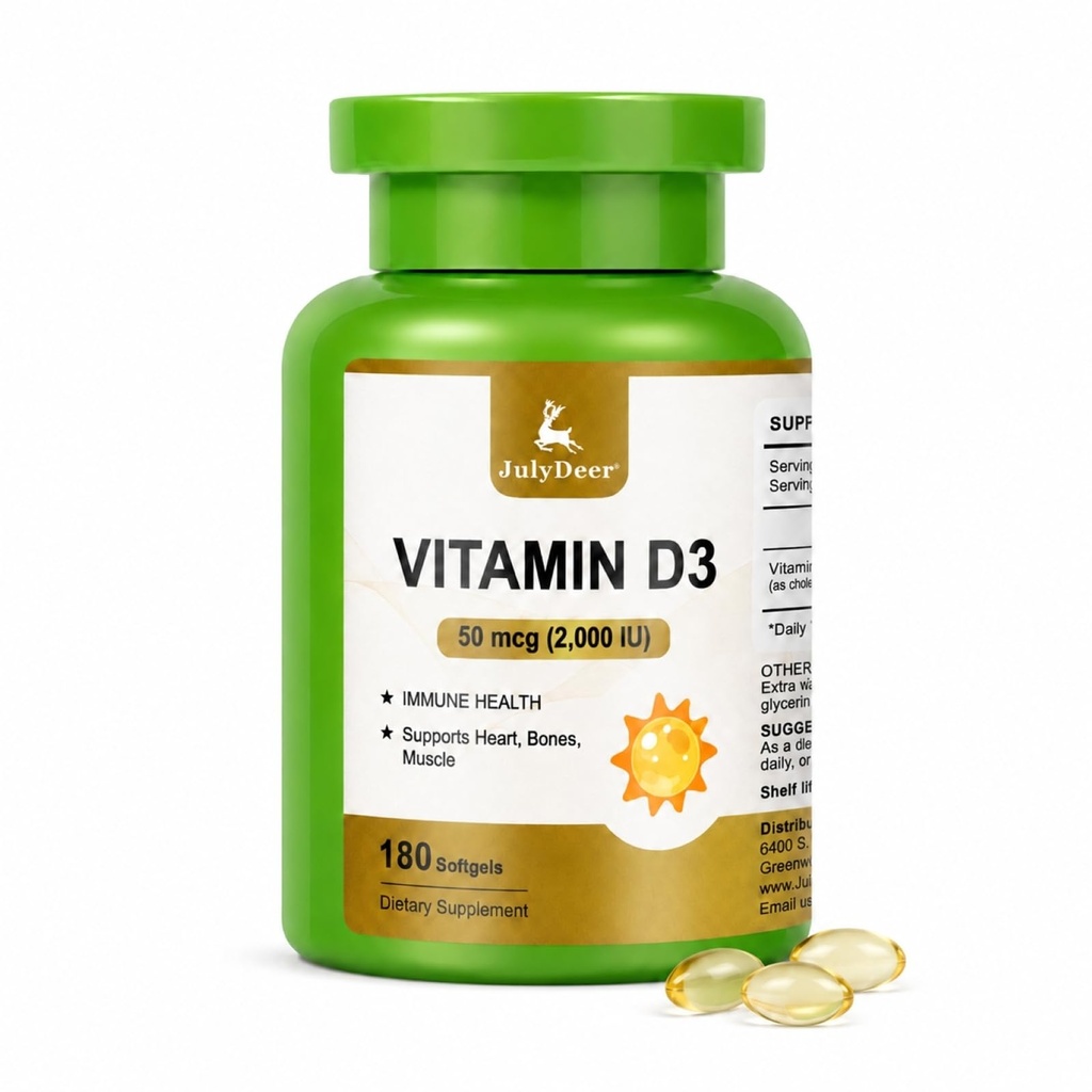 Vitamin D3 2000 IU / 50 mcg Supplement with Olive Oil | Supports Bone, Immune & Calcium Absorption | Non-GMO, Gluten-Free, Soy Free, 180 Softgels, 1 Serving Per Day for Daily Health