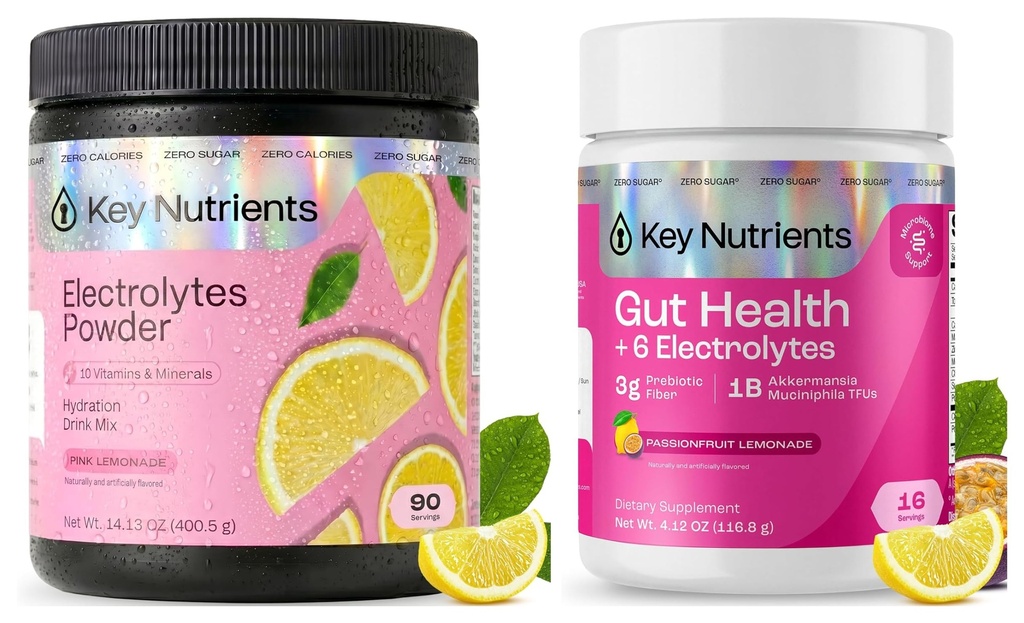 KEY NUTRIENTS Electrolytes Powder Bundle, Sweet Pink Lemonade 90 Servings Jar + Passionfruit Lemonade 16 Servings Jar, Sugar Free Hydration Drink Mix with Prebiotics & Postbiotics, No Calories