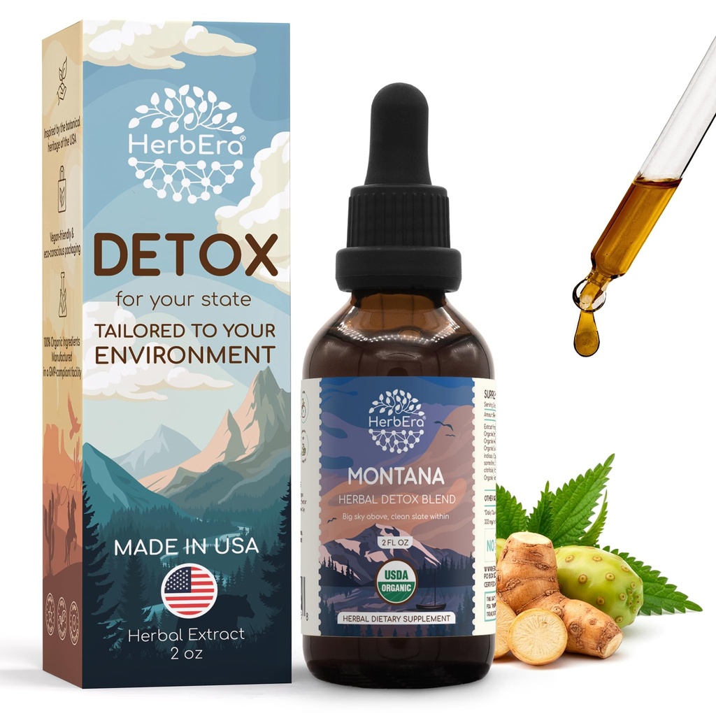 HerbEra Montana Herbal Detox Blend - USDA Organic Extract, Made in USA | Immune & Liver Support Liquid Drops | Ashwagandha, Dandelion Root, Milk Thistle, Noni, Sarsaparilla | 2 fl oz