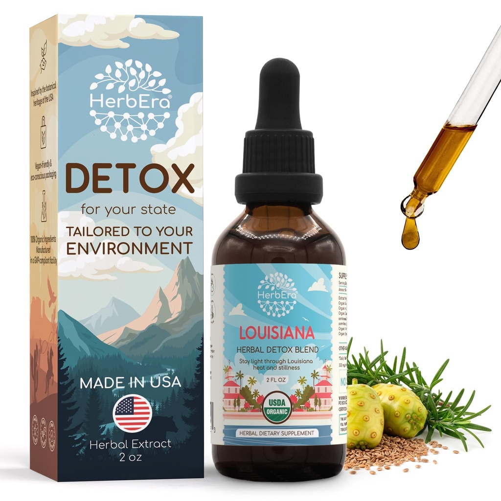 HerbEra Louisiana Herbal Detox Blend - USDA Organic Extract, Made in USA | Immune & Liver Support Liquid Drops | Ashwagandha, Dandelion Root, Eleuthero, Milk Thistle, Noni | 2 fl oz