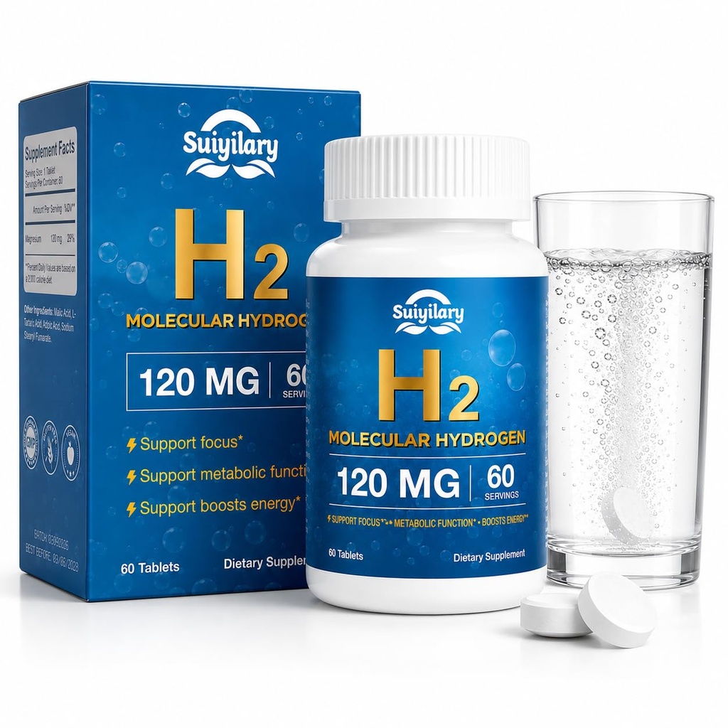 Hydrogen Water Tablets with 120MG Magnesium, H2 Molecular Hydrogen for Drinking Water, Rich in Antioxidants, Supports Cellular Health, Recovery, Immune & Brain Cognitive Function, 60 Tablets