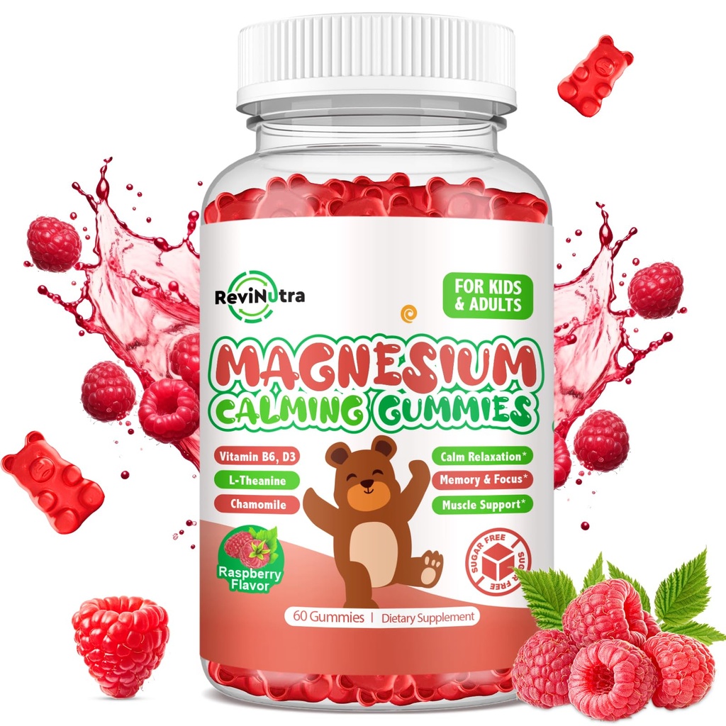 Magnesium Gummies for Kids - Magnesium Glycinate Gummies Complex with L-Theanine, Vitamin B6, D3 for Kids & Adults Calm, Sleep, Relaxation, Brain, Bones,Sugar Free Raspberry 60ct