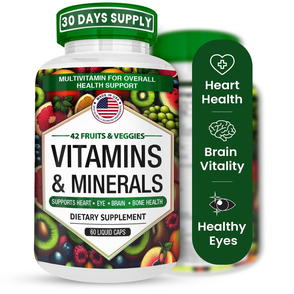 Multivitamins/Minerals Capsules with Zinc and Premium 42 Fruits and Veggies Blend for Immune Support Daily Multivitamin Capsule Antioxidant Supplement for Immunity System 60 Capsules