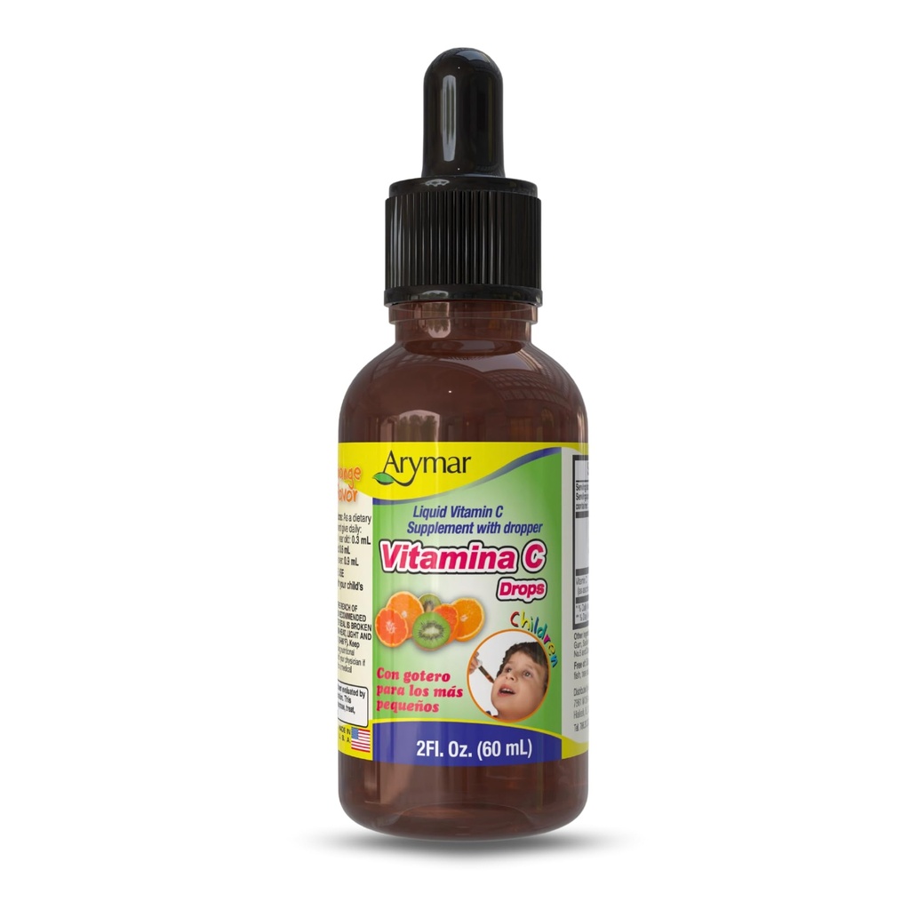 ARYMAR Vitamine C Drops 2 fl oz Immune Support & Antioxidant Liquid, Vegan, Orange Flavor