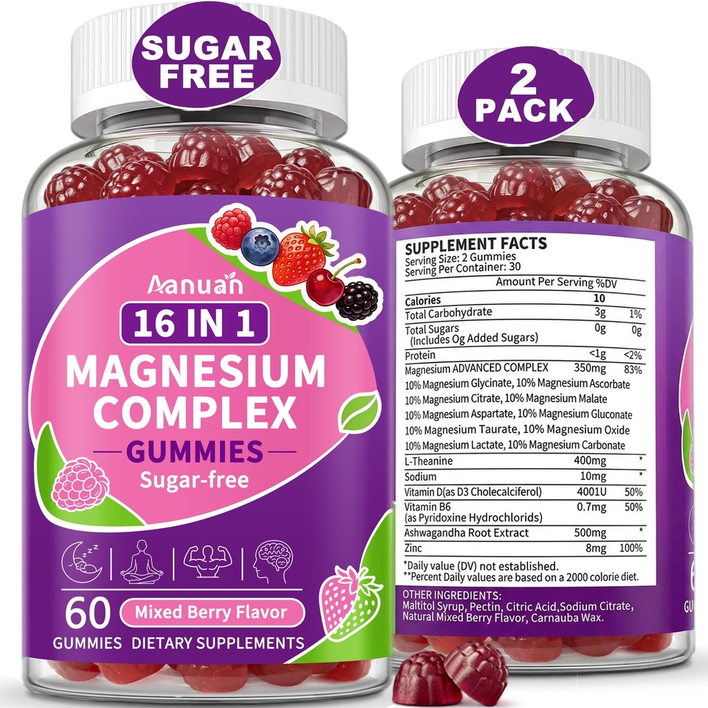 (2 Pack) Magnesium Gummies, 16-in-1 Magnesium Complex for Women Men | Magnesium Supplement for Sleep, Relax, Nerve Support, High Absorption, Sugar Free, Vegan, Non-GMO, Mixed Berry Flavor
