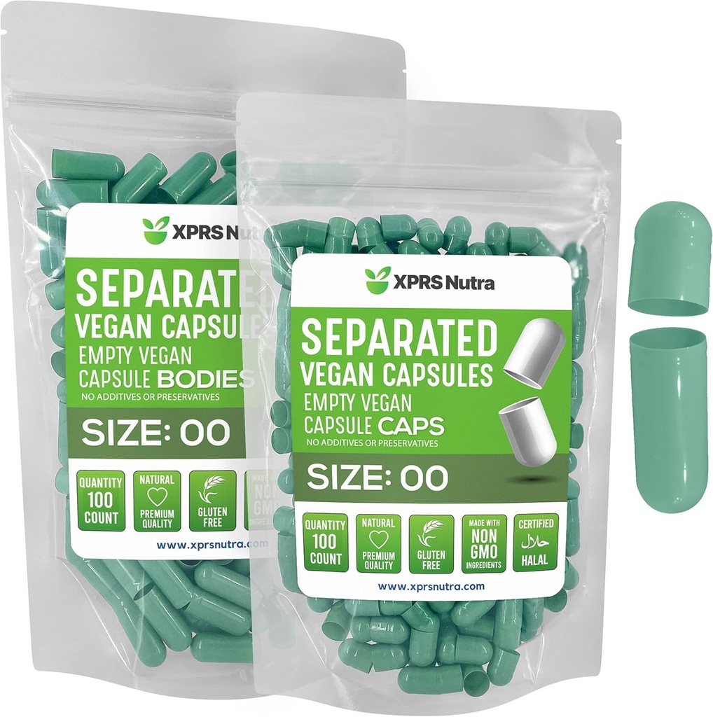 XPRS Nutra Vegan Size 00 Separated Capsules - 100 Count Premium Empty Capsules Separated in Bags - 00 Pills Empty for DIY Supplement Filling (Sage Green)