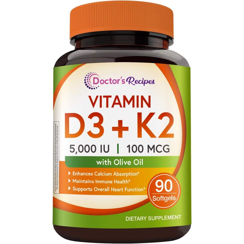 Doctor's Recipes Vitamin D3 K2, 5000 IU D3, 100 mcg K2 (MK-7), 90 Softgels | Highly Bioavailable, Cold-Pressed Olive Oil, Once Daily, Non-GMO, No Gluten, for Immune & Heart Support