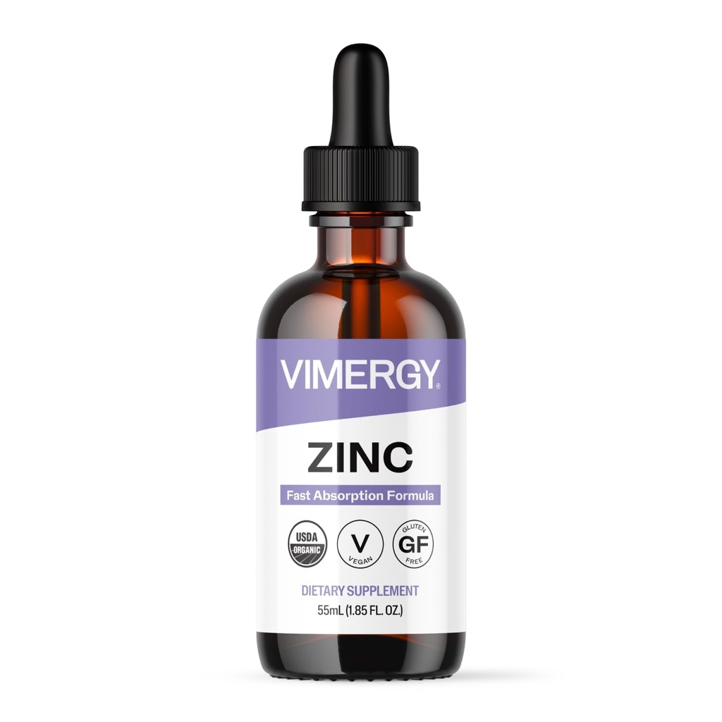 Vimergy Organic Zink Supplements for Women & Men (7.5mg Liquid Zink Per Serving) Fast-Absorbing Immune Support, Promoot gezonde botten & Skin, USDA Certified Organic, Vegan, Tot 27 Servings (55 ml)