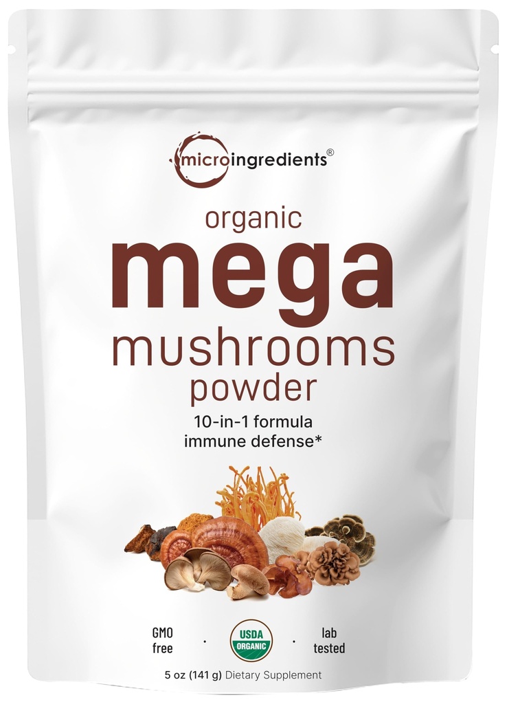 Micro Ingredients Organic Mega Mushrooms Powder, 5 oz | Filler Free | 10-in-1 Mushroom Complex with Lion's Mane, Turkey Tail, Shiitake & More | Vegan