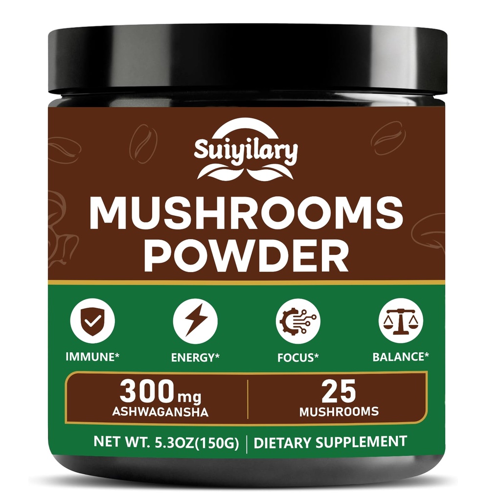 25 in 1 Mushroom Powder, Mushroom Coffee Alternative with Ashwagandha, Lion’s Mane, Chaga & More, Keto Friendly, Sugar Free, Mushrooms Extract Supplement for Immune, Focus & Energy, 60 Servings