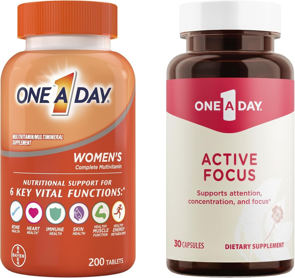 One A Day Bundle - One A Day Multivitamine voor vrouwen 200 Teltabletten en One A Day Active Focus Supplement, 30 Capsules
