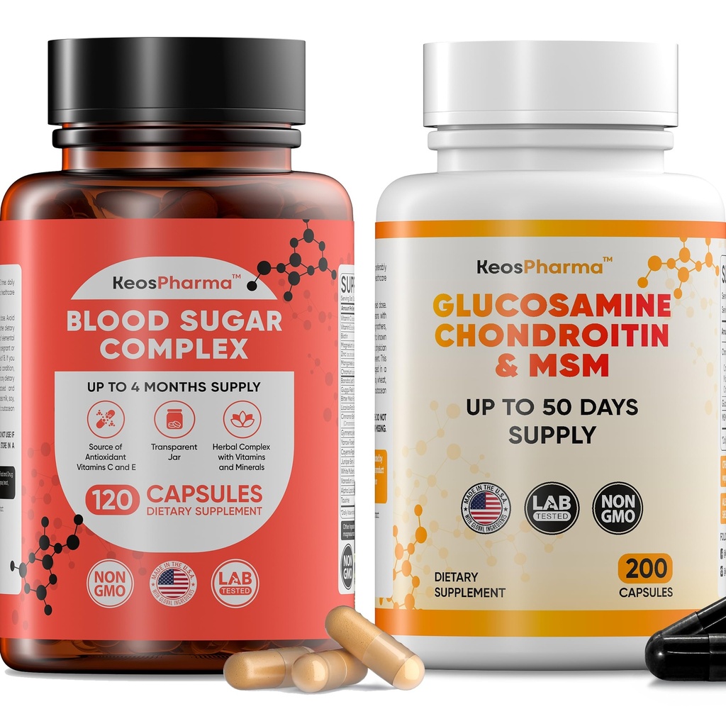 Blood Sugar Complex & MSM Glucosamine Chondroitin Bundle – 120 + 200 Capsules – Herbal & Nutritional Supplement Combo – 4-Month + 50-Day Supply