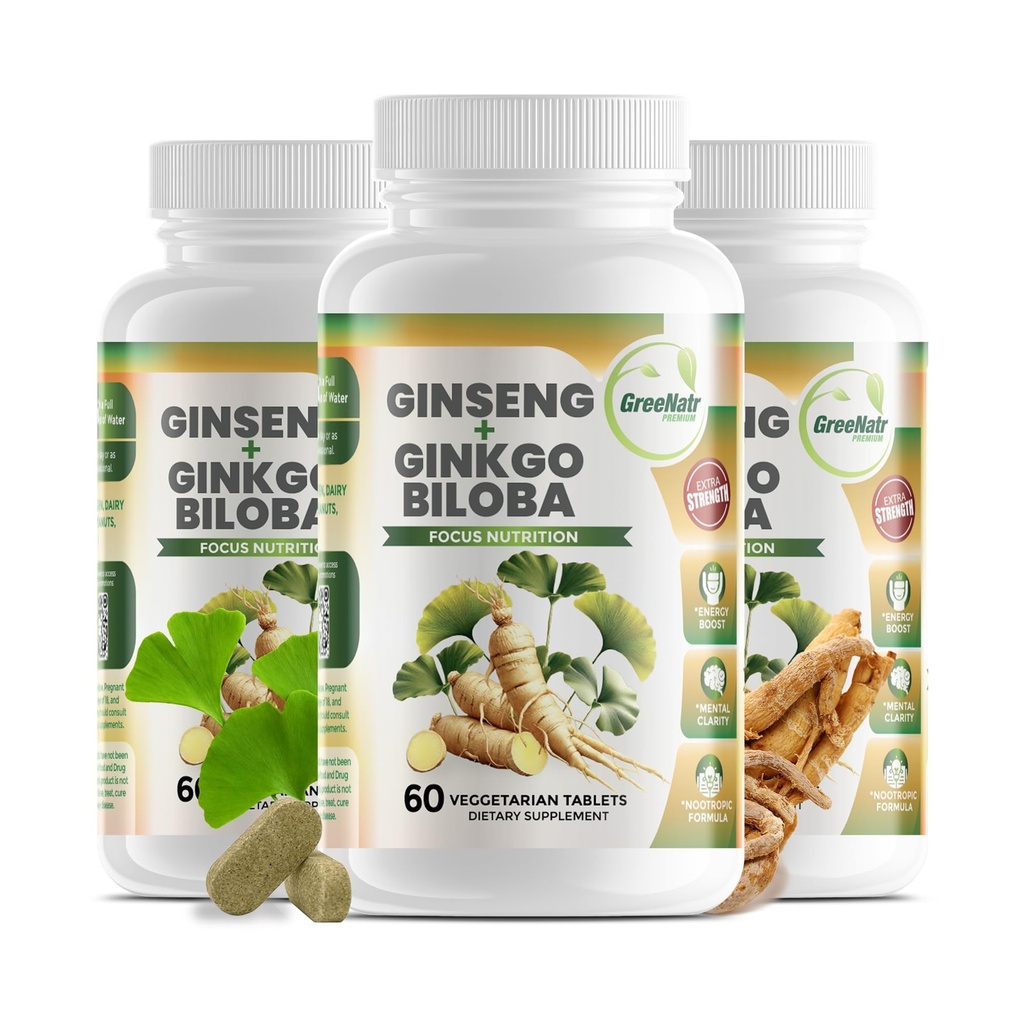 GreeNatr Ginko Biloba & Panax Ginseng Supplement - Red Ginseng Brain Supplement for Memory and Focus - Ginkgo Biloba Supplements for Good Vision, Immune System and Improved Blood Flow - 3 Bottles