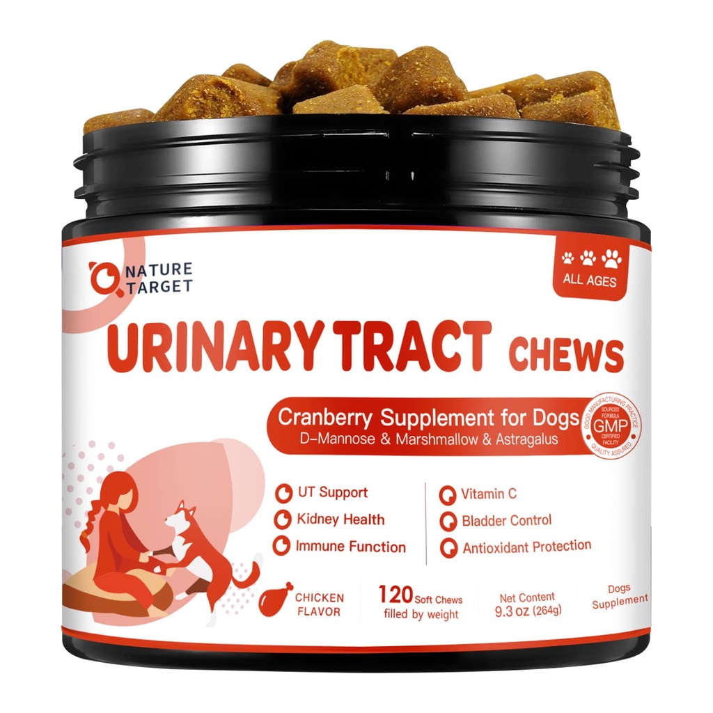 NATURE TARGET Dog UTI Treatment, Cranberry Supplement for Dogs 120 Chews | Urinary Tract & Bladder Support with D-Mannose, Marshmallow, Astragalus – Vet Formulated Immune & Kidney Support – Chicken