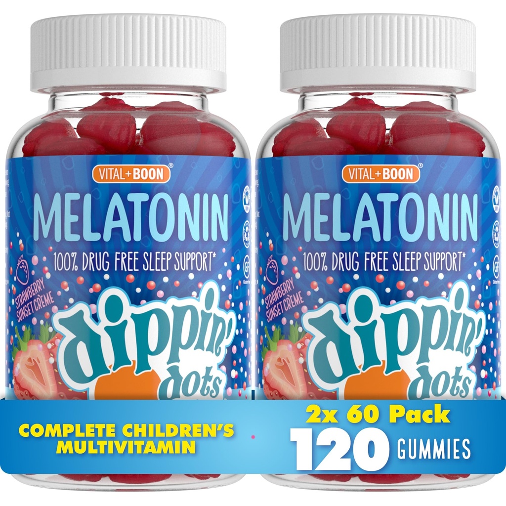 Dippin' Dots Kids Melatonin Gummies, Natural Sleep Aid, 2.5mg (60ct x2) | Strawberry Sunset Creme sleep aid gummies, 2.5mg melatonin gummy, 60ct x2 pack; vegetarian-friendly nightly routine.