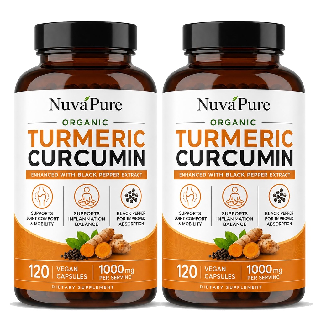 Nuvapure Turmeric with Black Pepper, Turmeric Curcuminoid Extract Supplement, Enhanced Absorption Formula, Daily Joint Wellness Support (2pcs)
