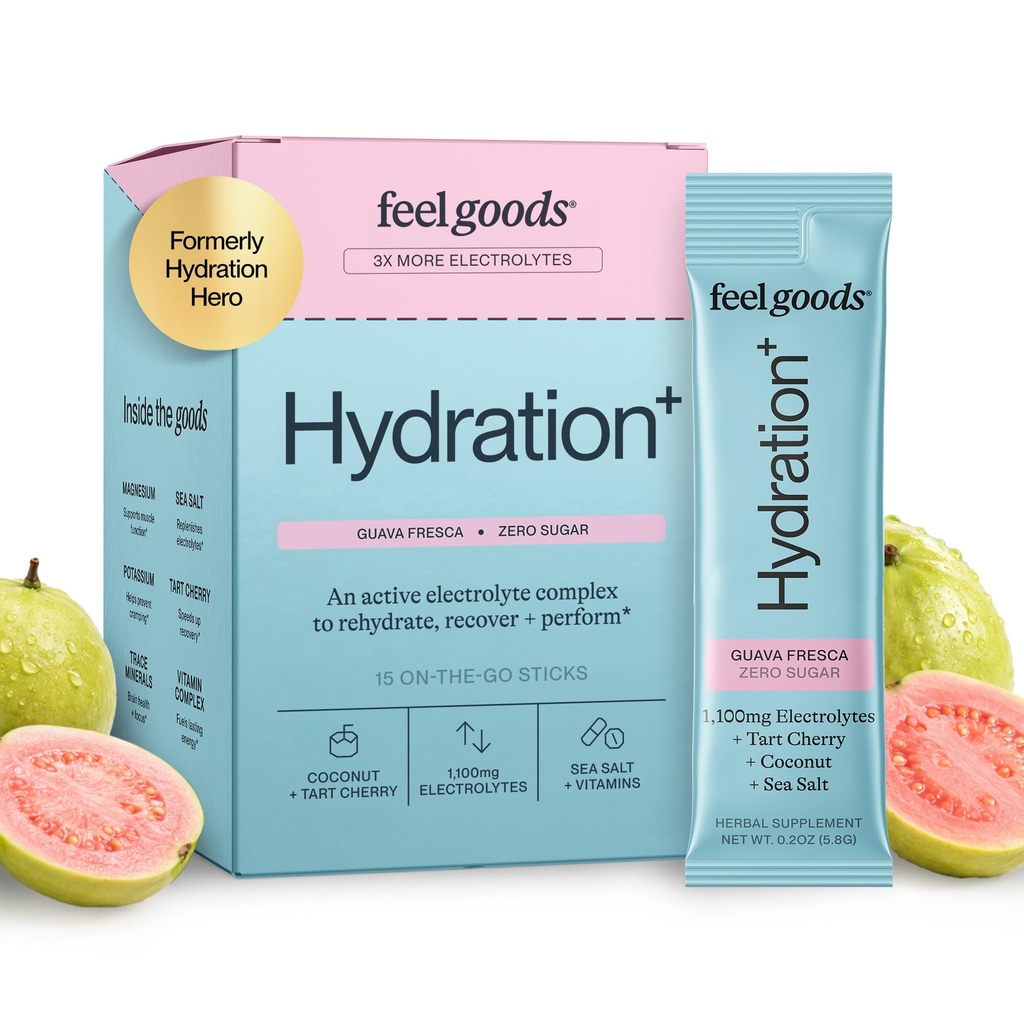 Feel Goods Hydration Hero, 1000mg Electrolytes Powder, Sugar Free, Magnesium, Organic Coconut Water, L Theanine, Vitamin C & B12, Non GMO, Keto, Vegan, Electrolyte Packets, Guava Fresca, 15 Tellen