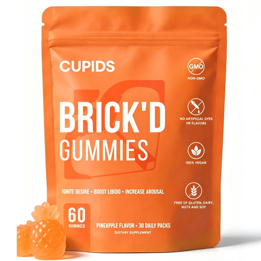 CUPIDS BRICK'D GUMMIES, For Mood, Energy & Vitality - Fun Treat, 1 Pack | 8-In-1 Herbal Pineapple Gummies With Ginger & Black Pepper. Gluten-Free. Easy To Take Daily. 60 Gummies Per Bottle.