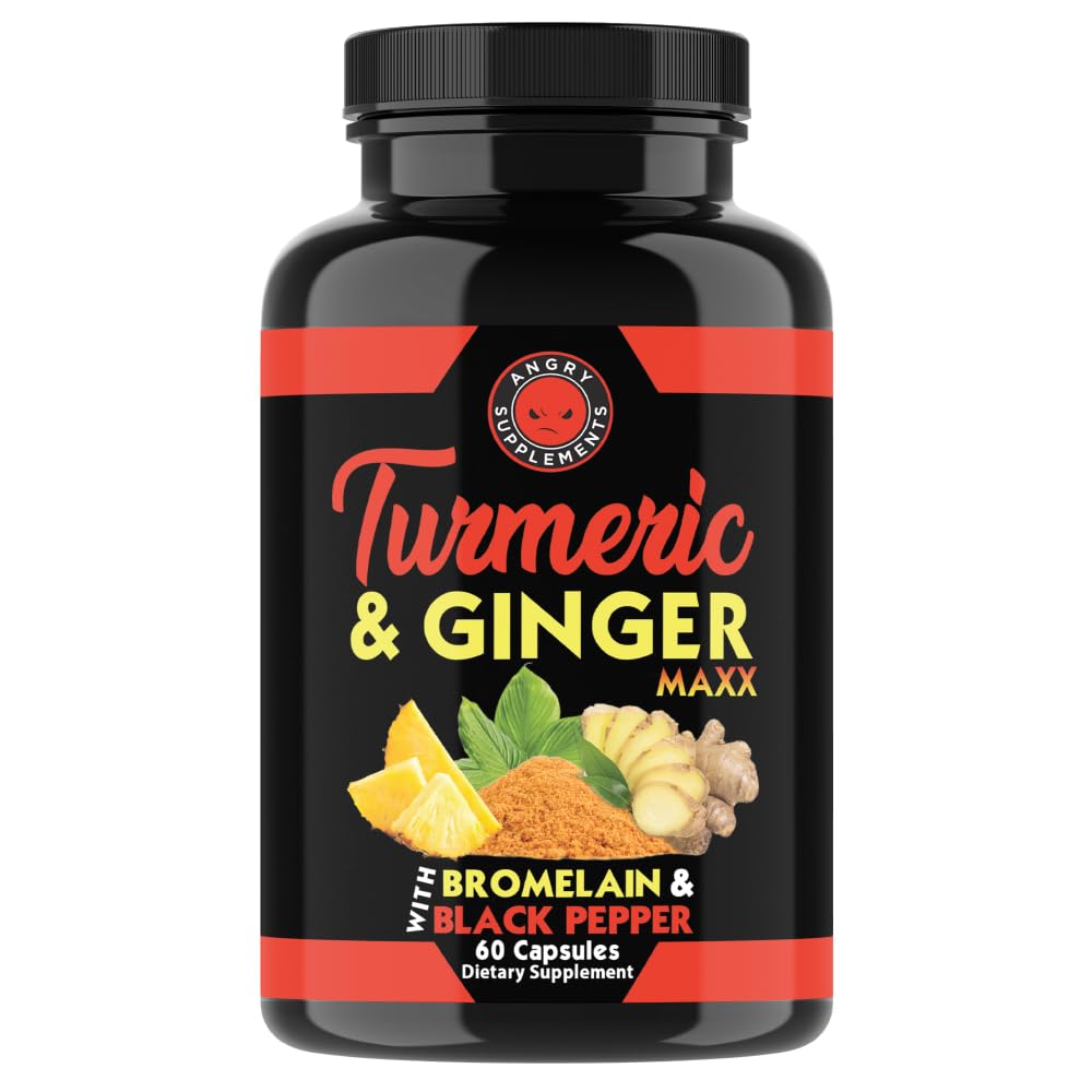 Angry Supplements Turmeric Ginger Maxx 60 Capsules – w. Turmeric, Ginger Root, Omega 3, Bromelain, Quercetin & Black Pepper Extract – Natural Wellness & Antioxidant for Men & Women (1-Bottle)