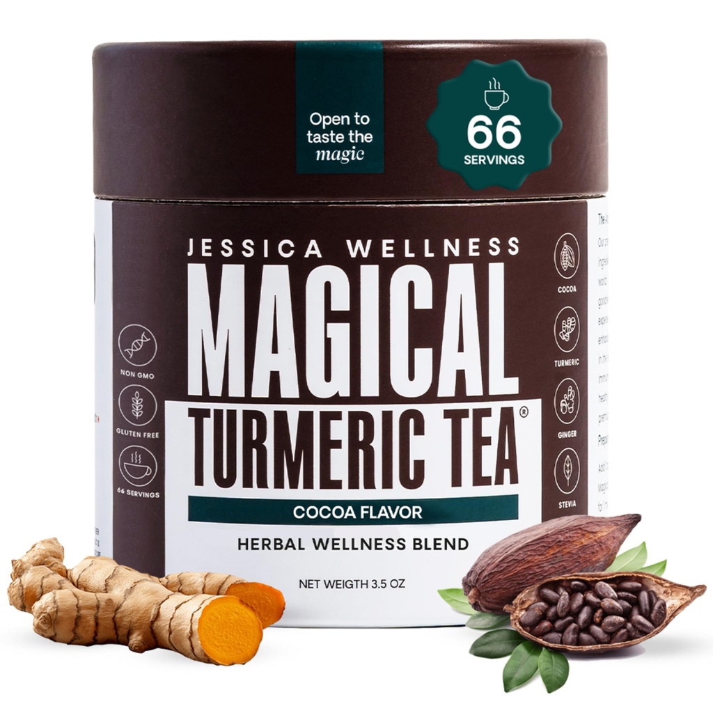 JESSICA WELLNESS Magical Turmeric Tea, Cocoa | Turmeric Powder with Cocoa, Ginger & Black Pepper | Turmeric Tea Drink Mix | Curcumin & Ginger Blend | Stevia-Sweetened | 3.5 oz